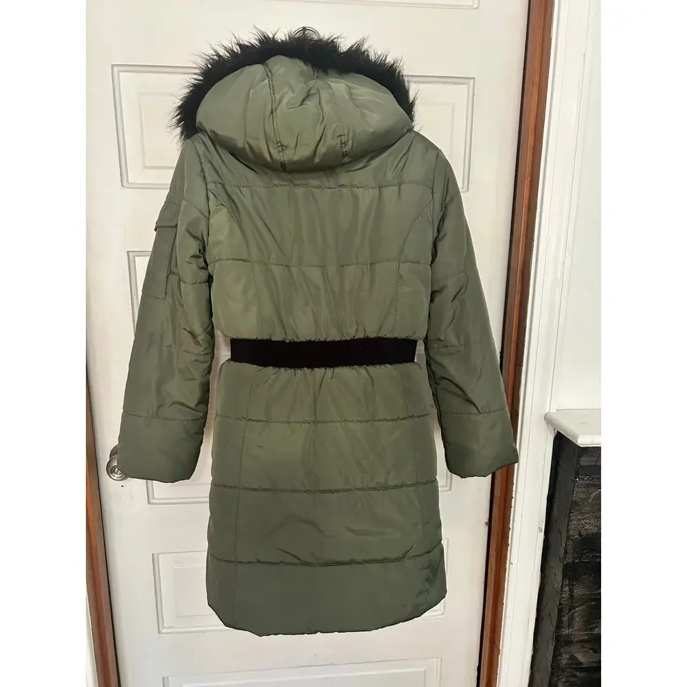 Hudson Girls Coat Size Large 12/14 Green Puffer Fur Hood Full Length Zipper XC
